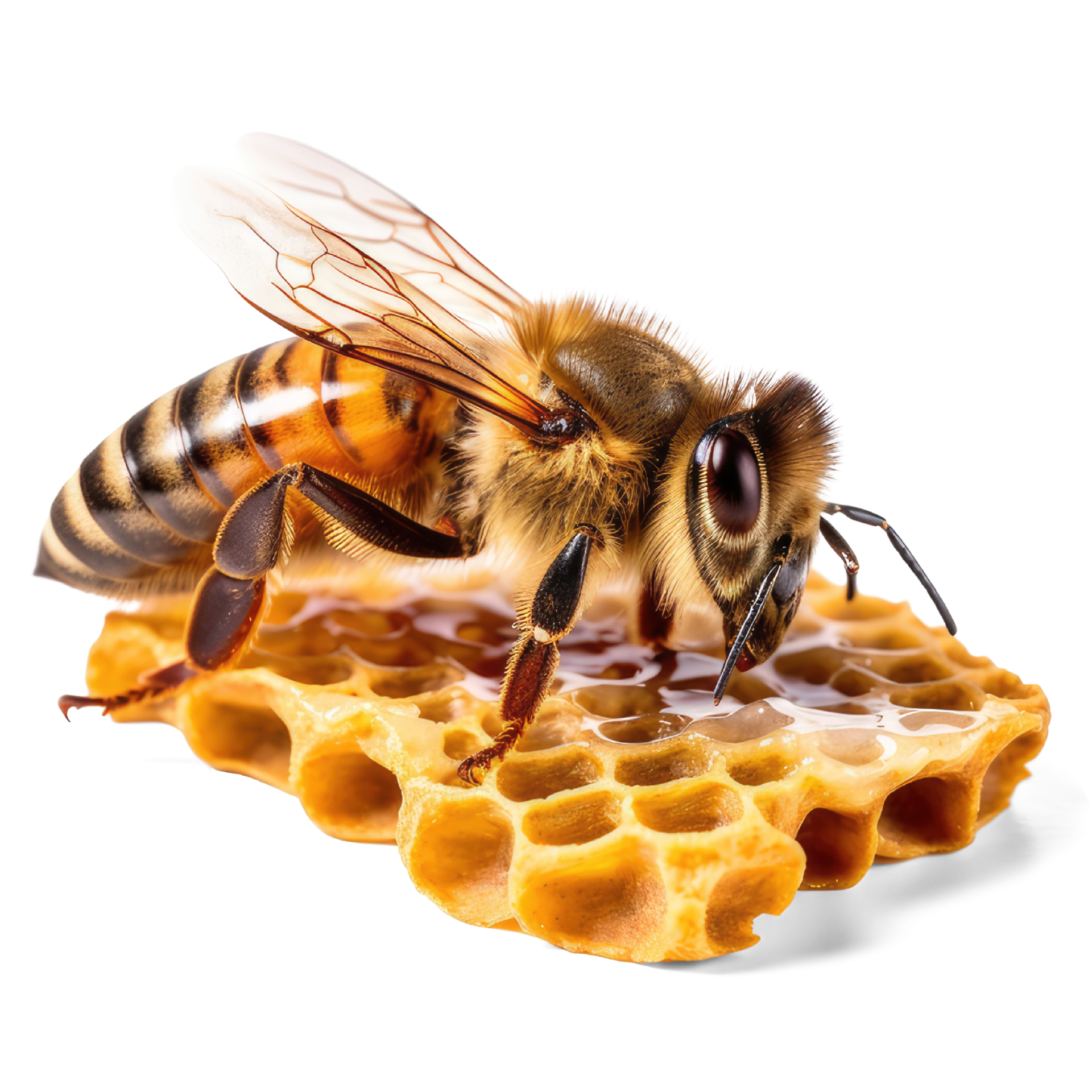 honey-bee-in-honeycomb-on-transparent-background-bee-walking-on-honey-comb-background-cutout-generative-ai-free-png